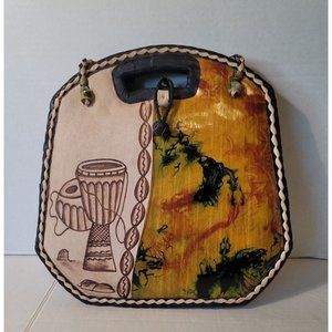 African Motif Painted Leather Handbag Purse & Woven Raffini Palm Brown Tan Gold